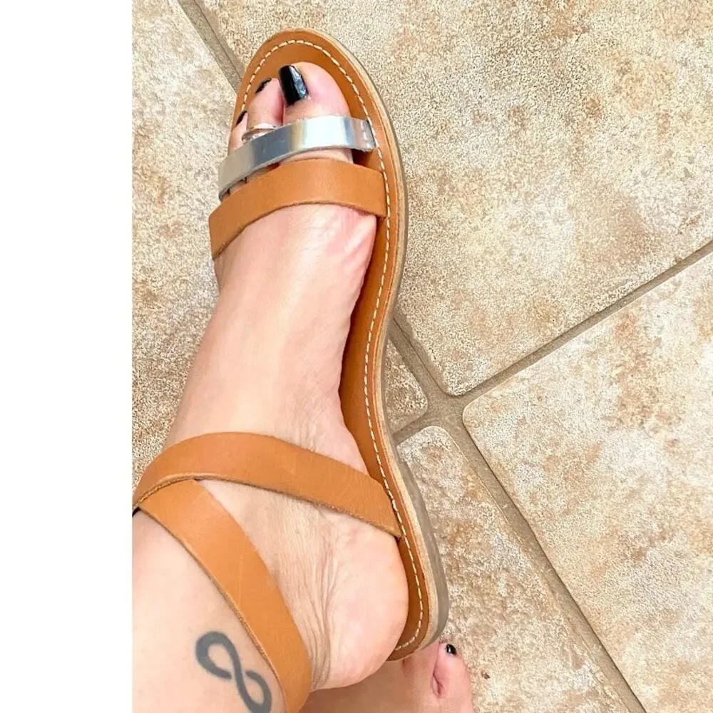Madewell Sandals Women's Size 10 Ankle Strap Brown Silver Flat Heel Pre-owned